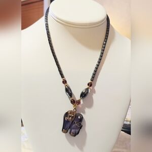 Vintage Carved Hematite Elephant & Bead Necklace Amethyst Stone Accents